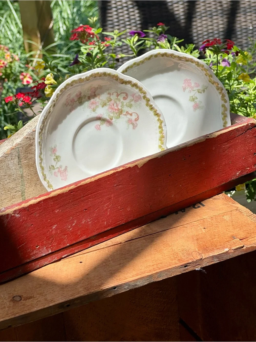 A Lanternier Limoges France Floral Saucers Set of 2 Pink and Gold Vintage